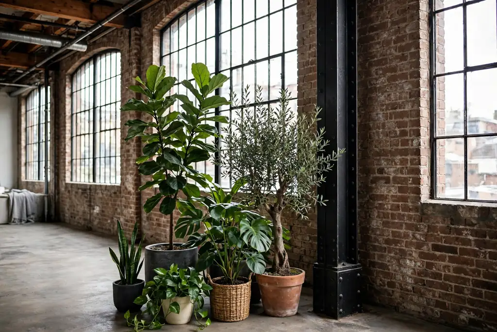 Large potted plants of different heights grouped beside a black steel loft column.