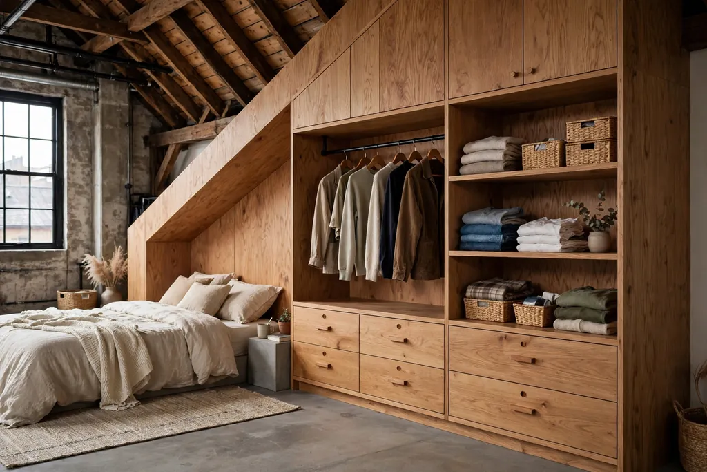 Fitted wood storage wall with drawers and hanging space under a sloped loft ceiling.