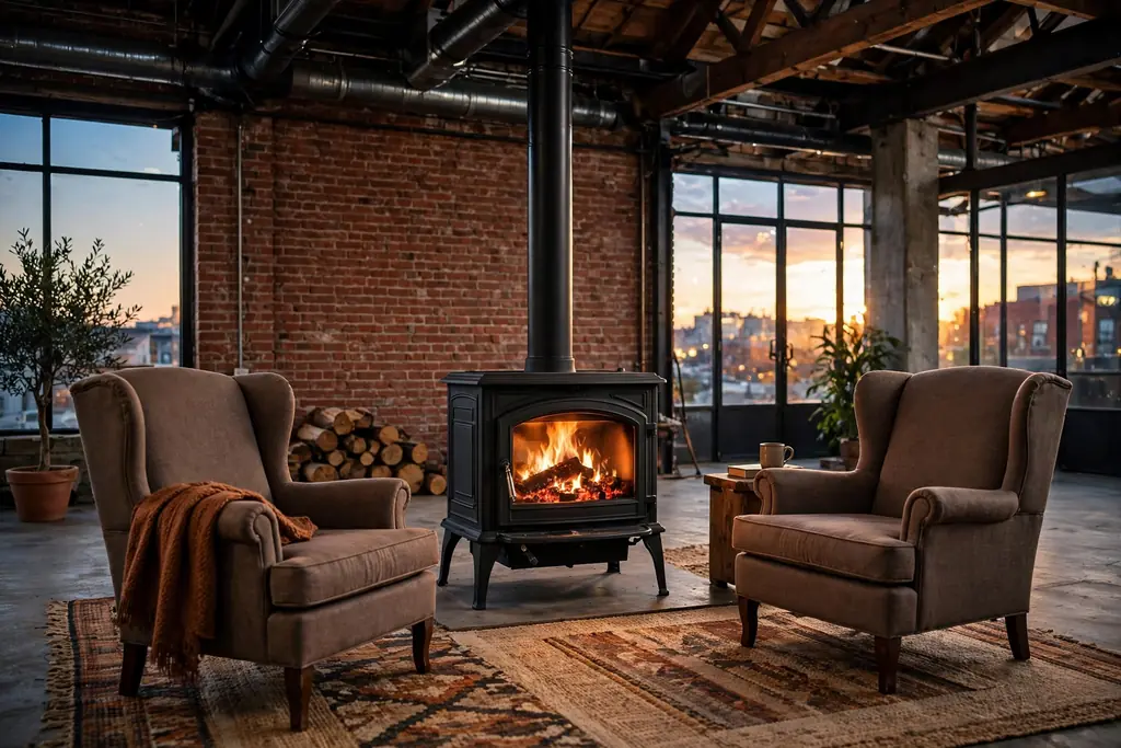 Freestanding black stove with armchairs arranged in front of it on a rug in a loft.