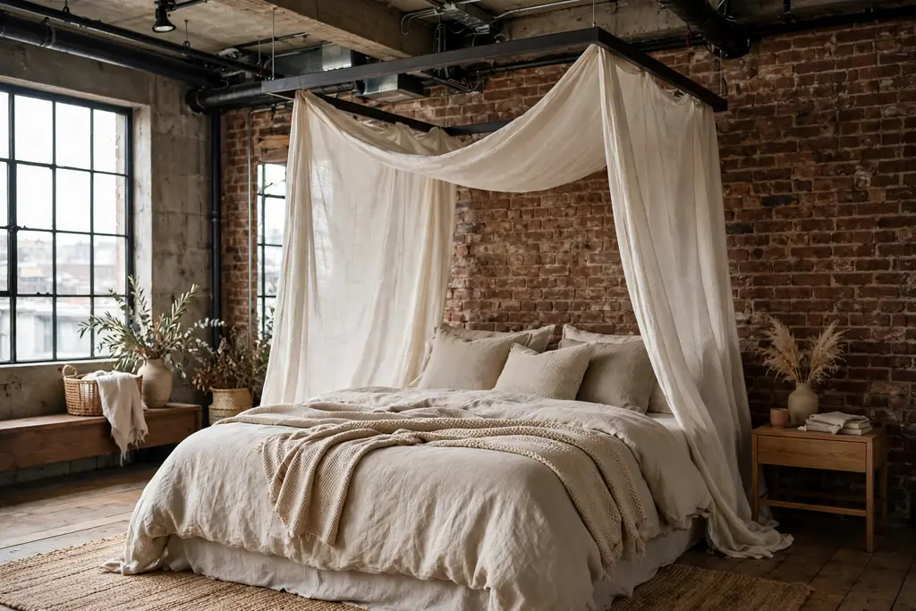 Bed with a light linen drape hung from a slim dark ceiling frame in a loft bedroom.