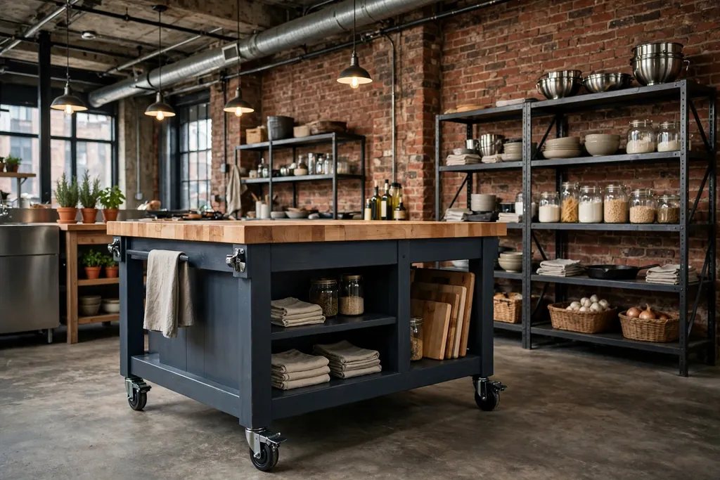 Rolling kitchen island with a butcher block top and storage below in a loft kitchen.