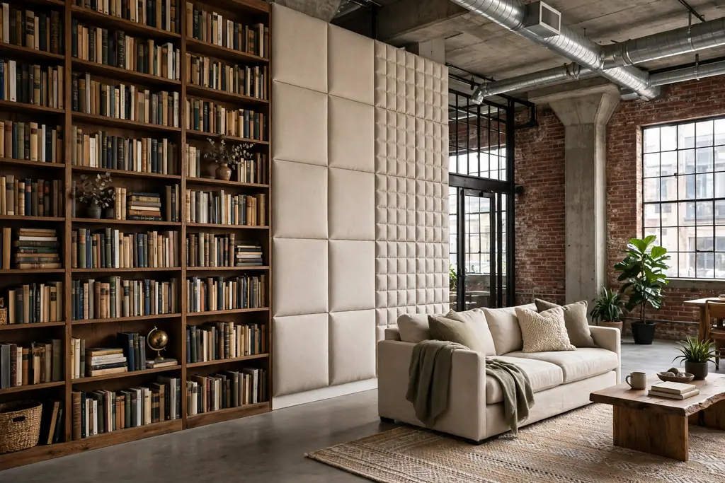 Tall bookshelf wall full of books with fabric wall panels in a loft living room.
