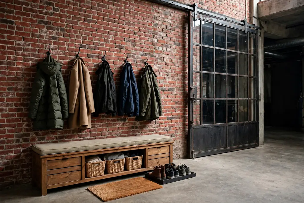 Entry bench with storage, wall hooks with coats and a shoe tray by a loft door.