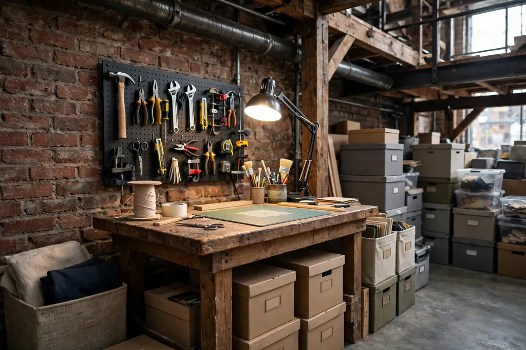 Craft table with a task lamp, labeled storage boxes and a pegboard with tools in a loft corner.
