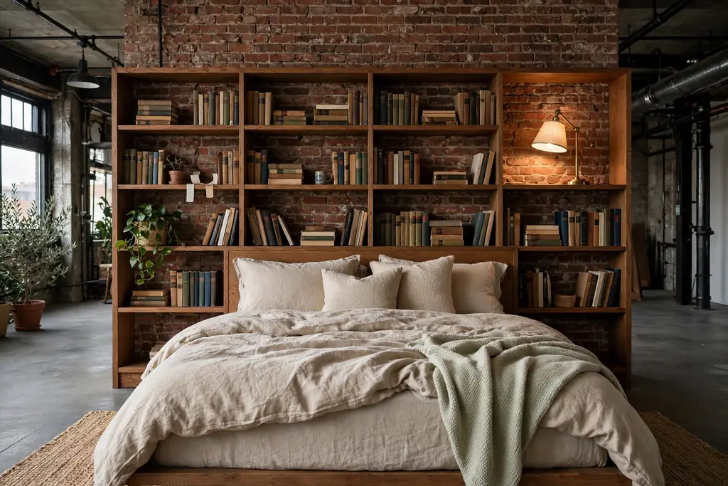 Bookcase wall behind a bed acting as a headboard, with books and a reading lamp.