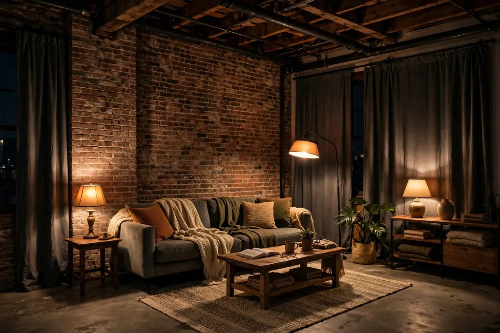 Loft living room at night glowing with warm light from table lamps and a floor lamp.
