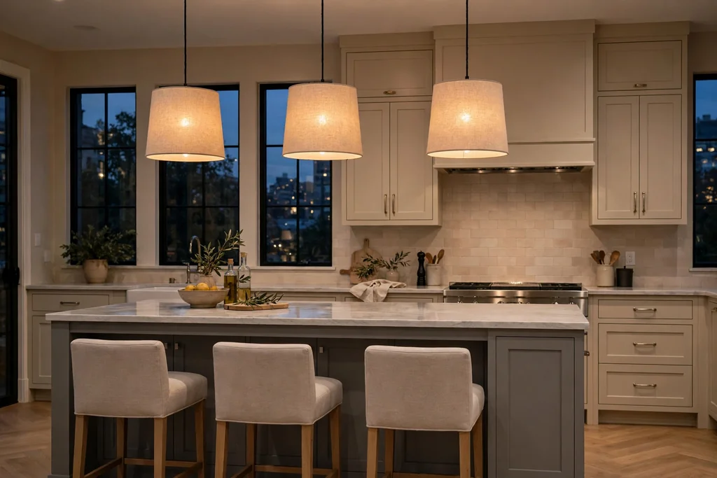 Grey kitchen island with pendant lights with beige linen shades.