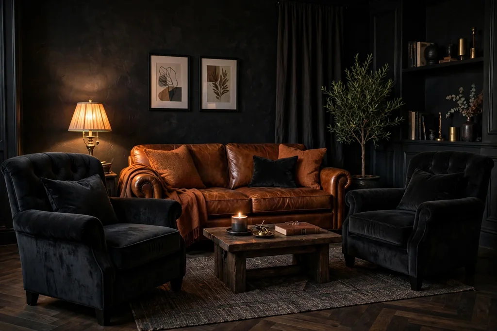 Pair of black velvet armchairs facing a cognac leather sofa in a dark living room.