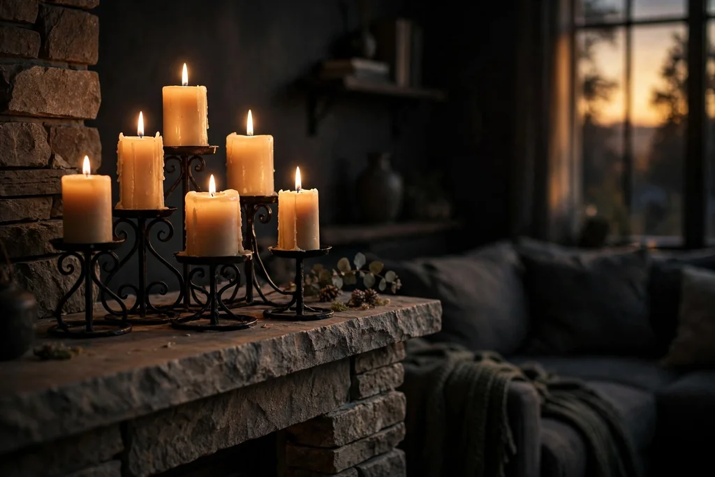 Candles grouped in black iron holders on a stone mantel in warm evening light.