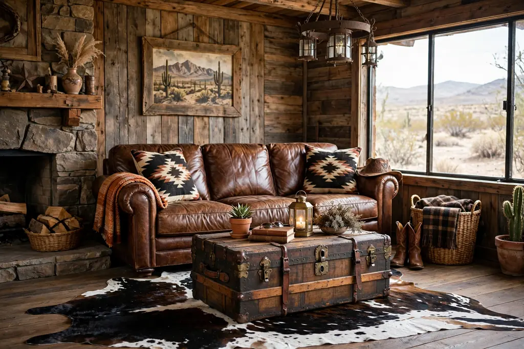 Cowhide rug under a leather sofa and wood trunk coffee table in a western living room.