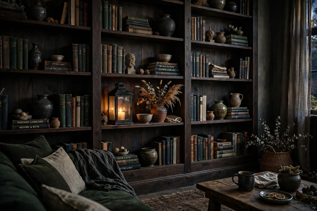 Dark wood bookshelf wall with books, ceramics, and a lantern in a moody living room.