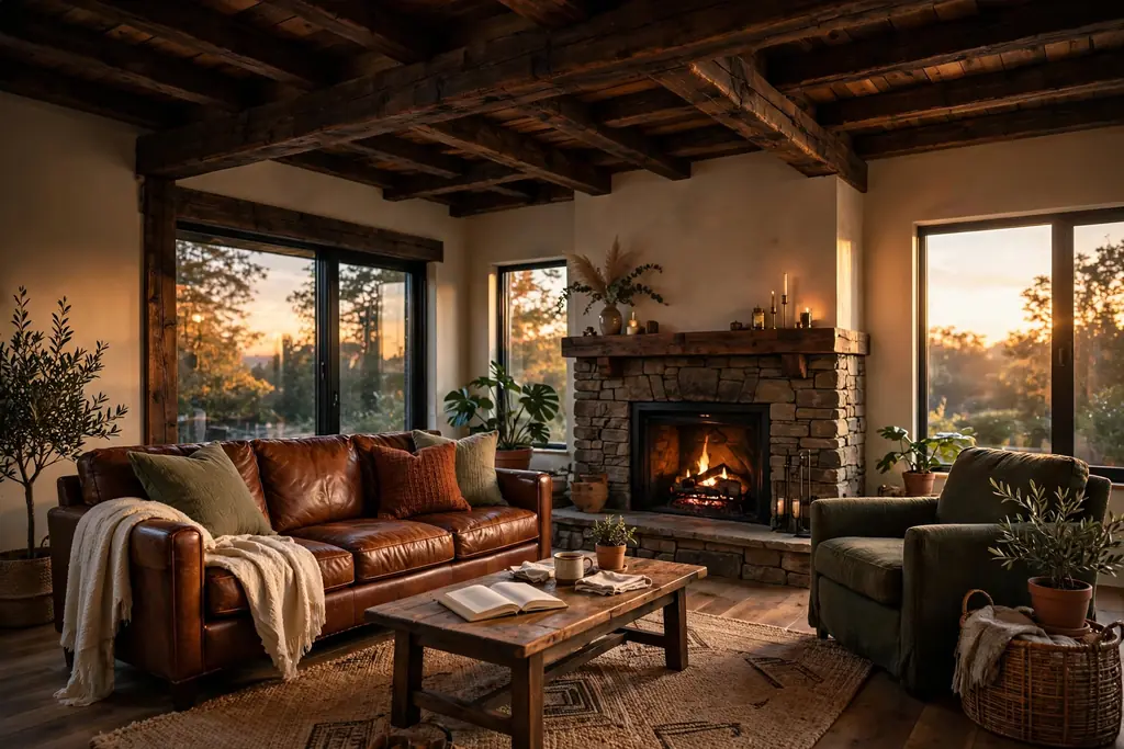 Living room with dark exposed wood ceiling beams above a leather sofa and stone fireplace.