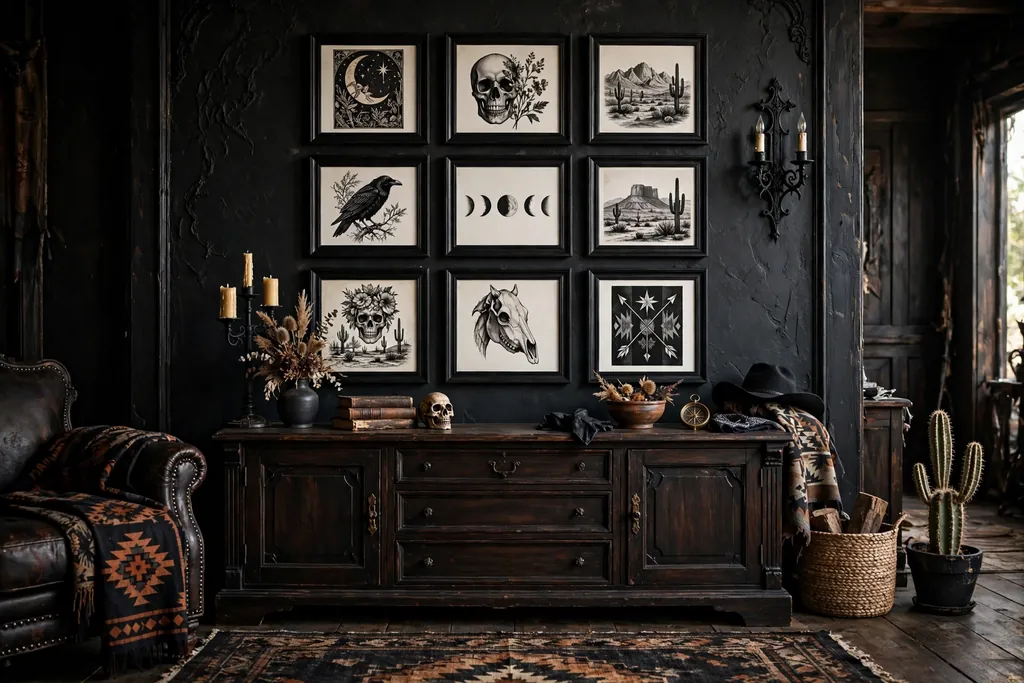 Gallery wall in matching black frames above a dark wood sideboard in a living room.