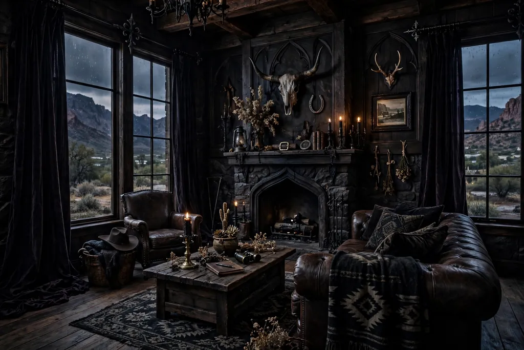 Floor to ceiling dark velvet curtains beside tall windows in a moody living room.