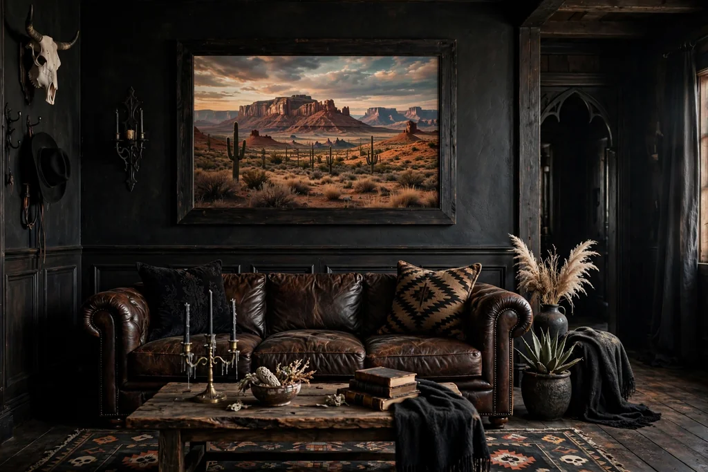Large framed desert landscape above a leather sofa in a western gothic living room.