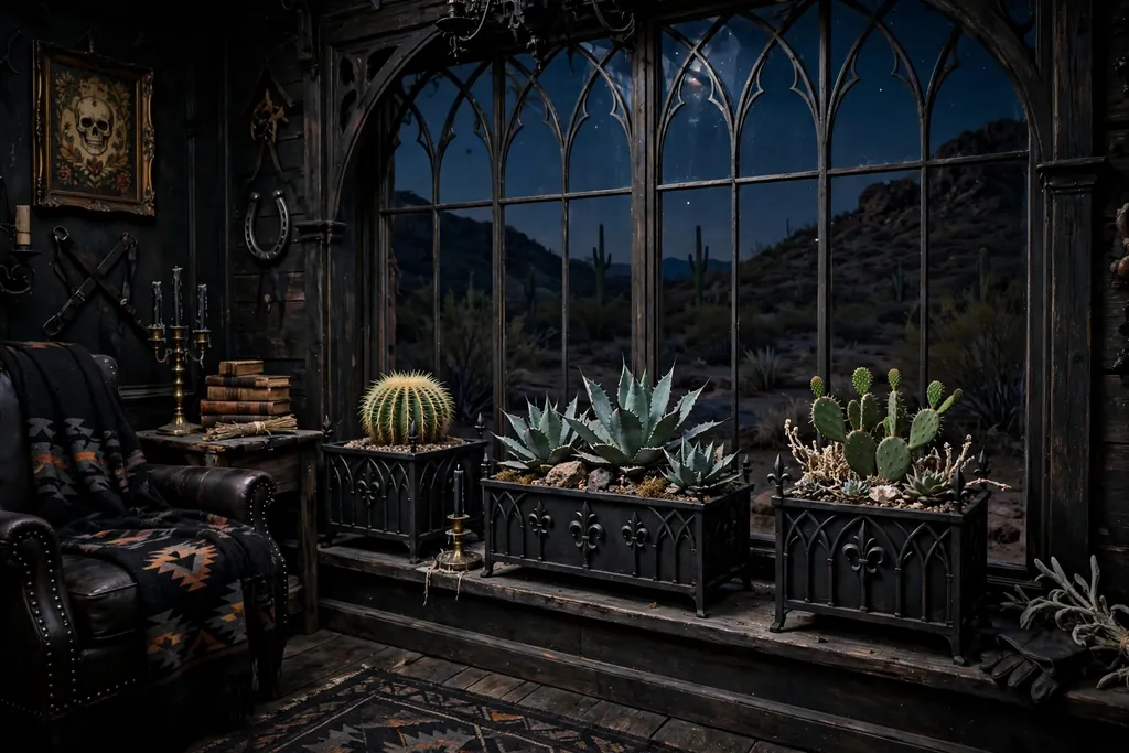 Desert plants and cacti in black iron planters beside a window in a dark living room.