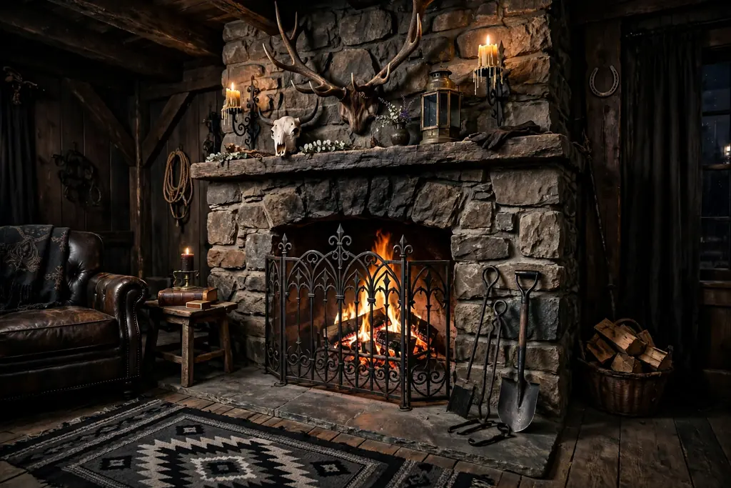 Wrought iron fireplace screen and tools beside a stone fireplace with a fire.