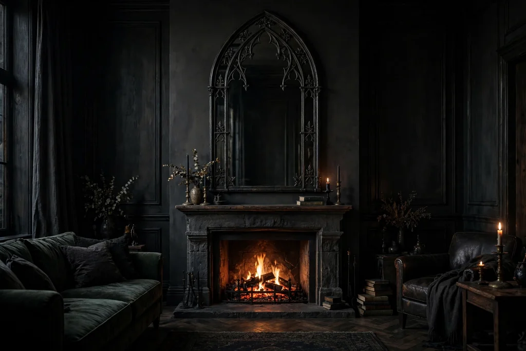 Tall gothic arched mirror with a black iron frame above a fireplace in a dark living room.