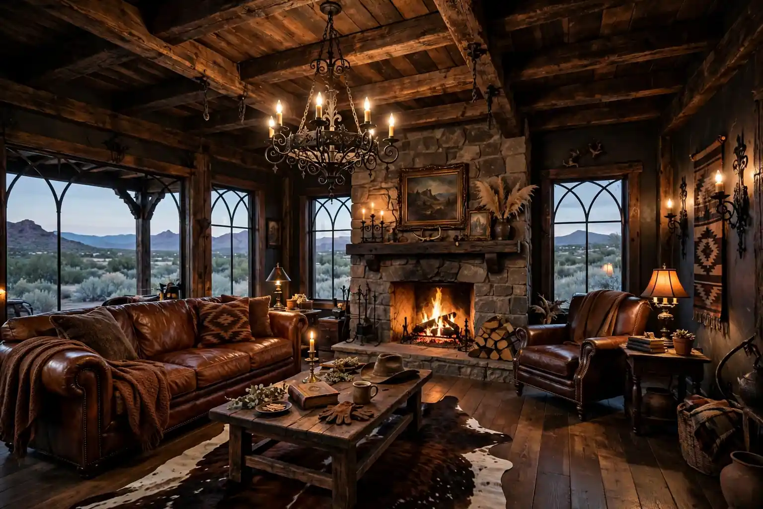 Wide western gothic living room with a cognac leather sofa, stone fireplace, wrought iron chandelier, and cowhide rug.
