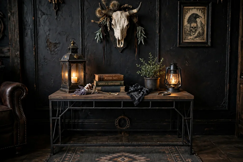 Iron framed console table with lanterns, books, and a small plant against a dark wall.