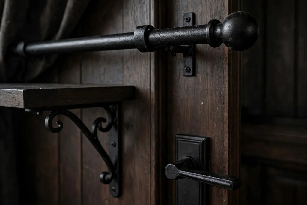 Black iron curtain rod, shelf brackets, and door handle details in a dark living room.