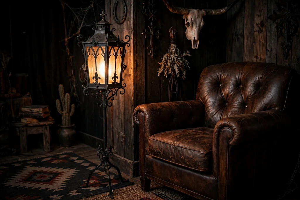 Iron lantern floor lamp glowing beside a leather armchair in a dark living room corner.