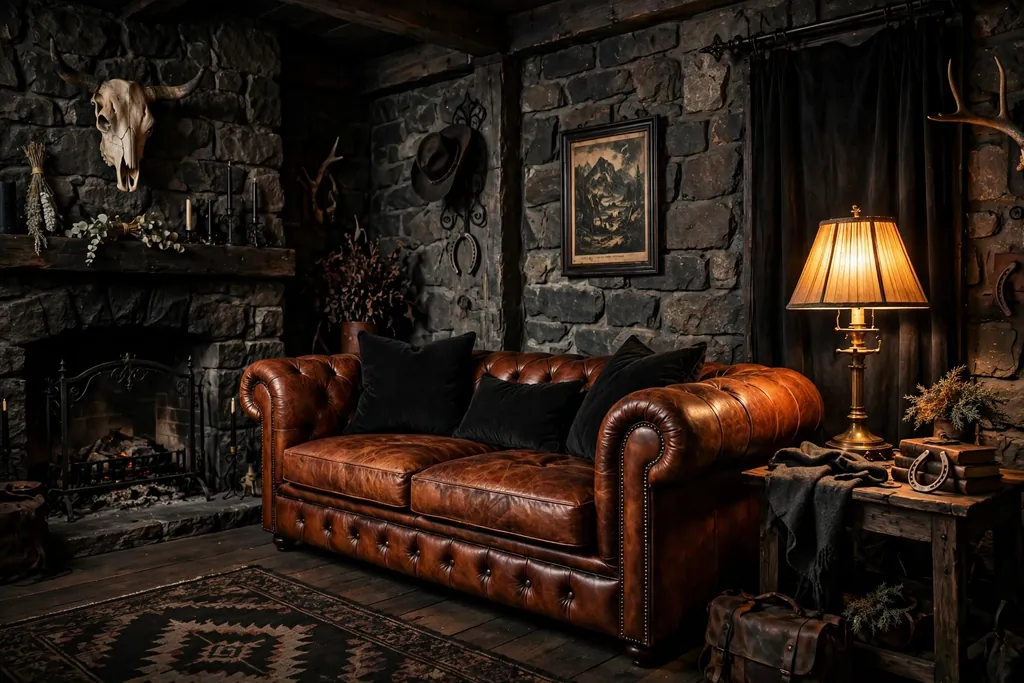 Cognac leather Chesterfield sofa with black cushions in a dark western gothic living room.