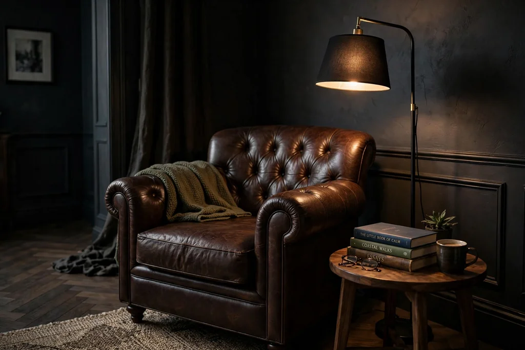 Leather reading chair nook with a floor lamp, side table, and books in a corner.