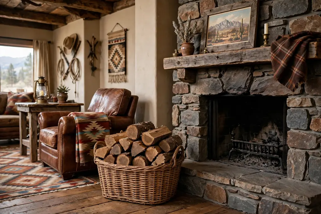Log basket filled with neat firewood beside a stone fireplace in a western living room.