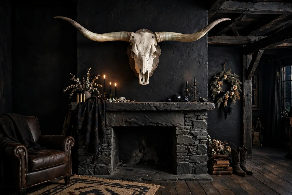 Faux longhorn skull mounted above a stone mantel in a western gothic living room.