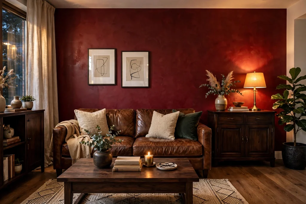 Living room with an oxblood accent wall behind a leather sofa and dark wood furniture.