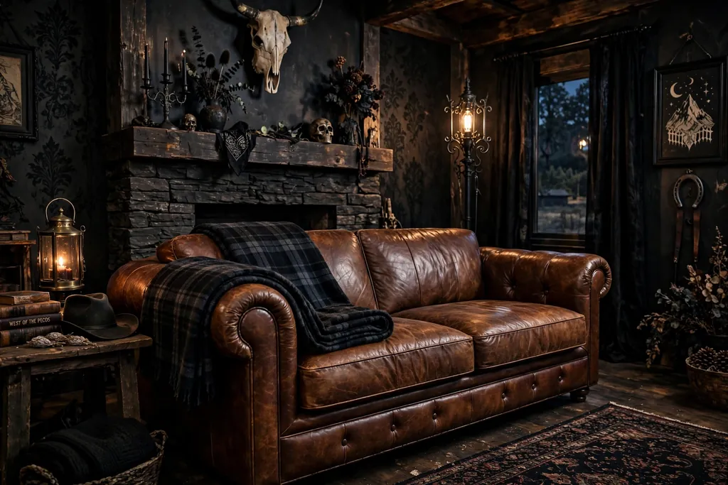 Leather sofa with dark plaid wool throws folded over the arm in a cozy living room.