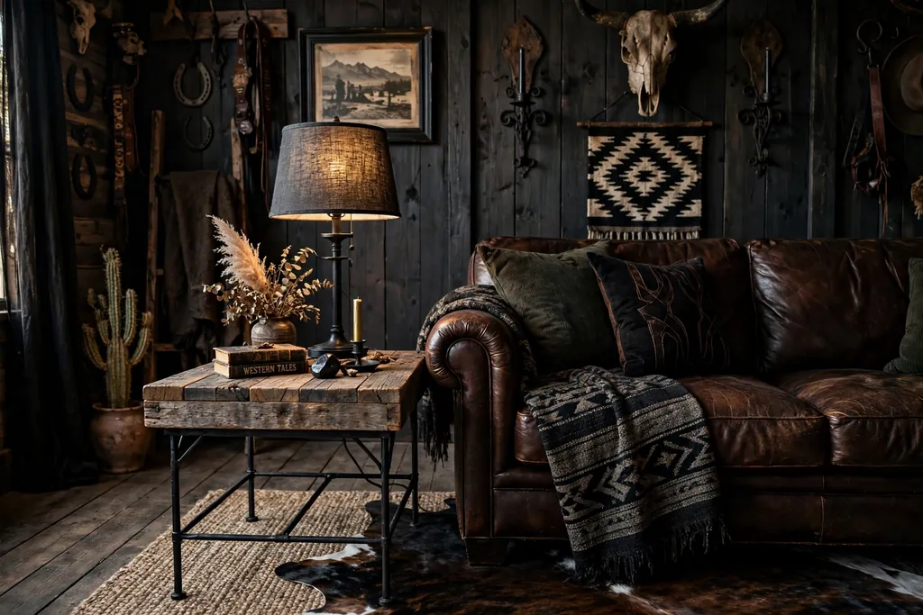 Reclaimed wood side table with black iron legs and a lamp beside a leather sofa.