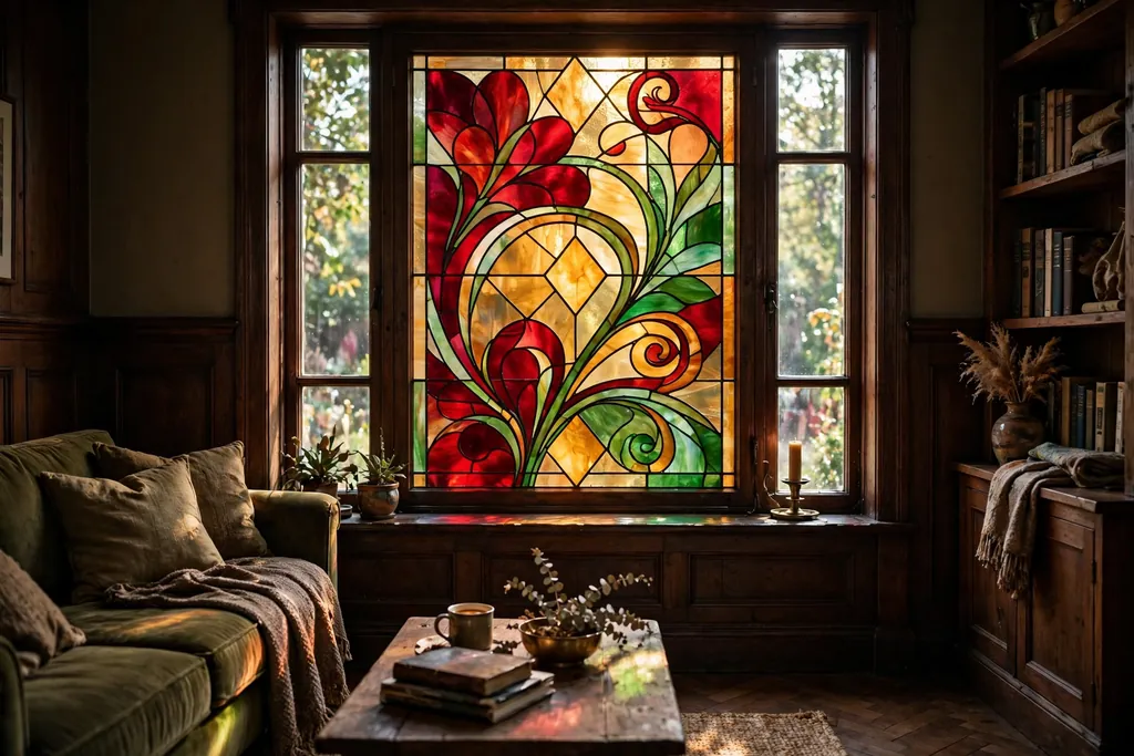 Stained glass panel in deep red, amber, and green glowing in a living room window.