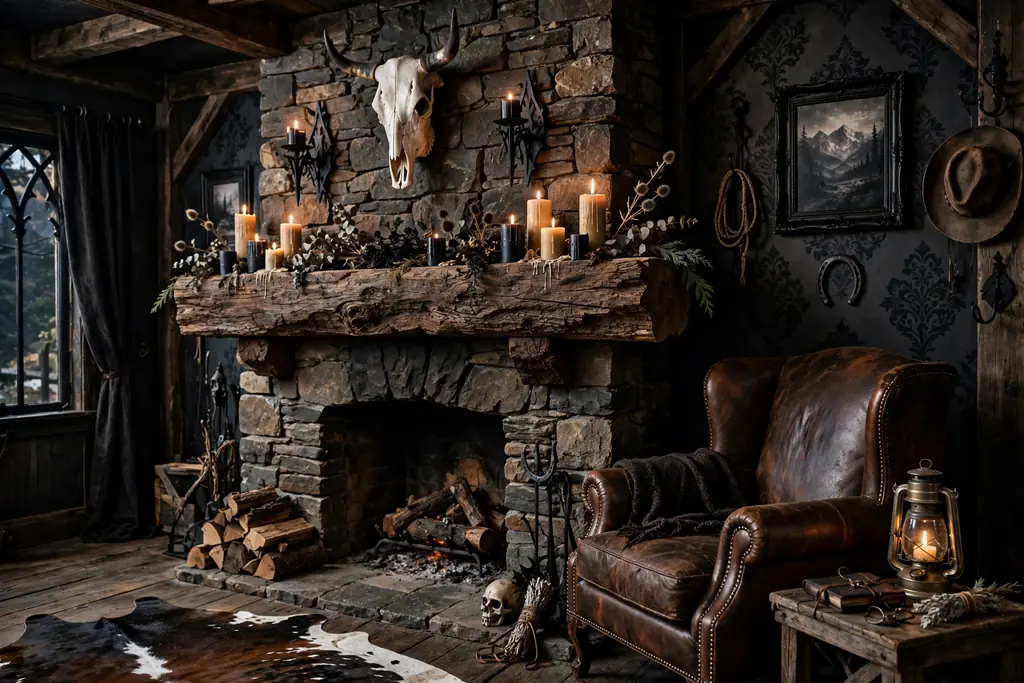 Stone fireplace with a thick rough wood mantel, candles, and leather seating nearby.