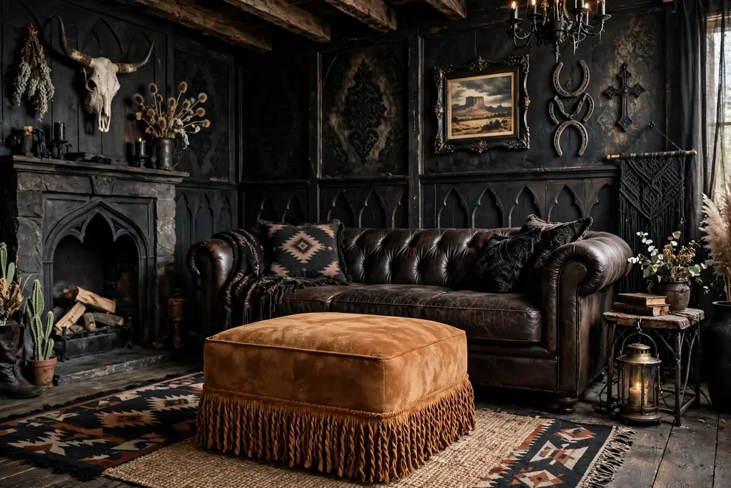 Cognac suede ottoman with a fringed edge in front of a leather sofa.