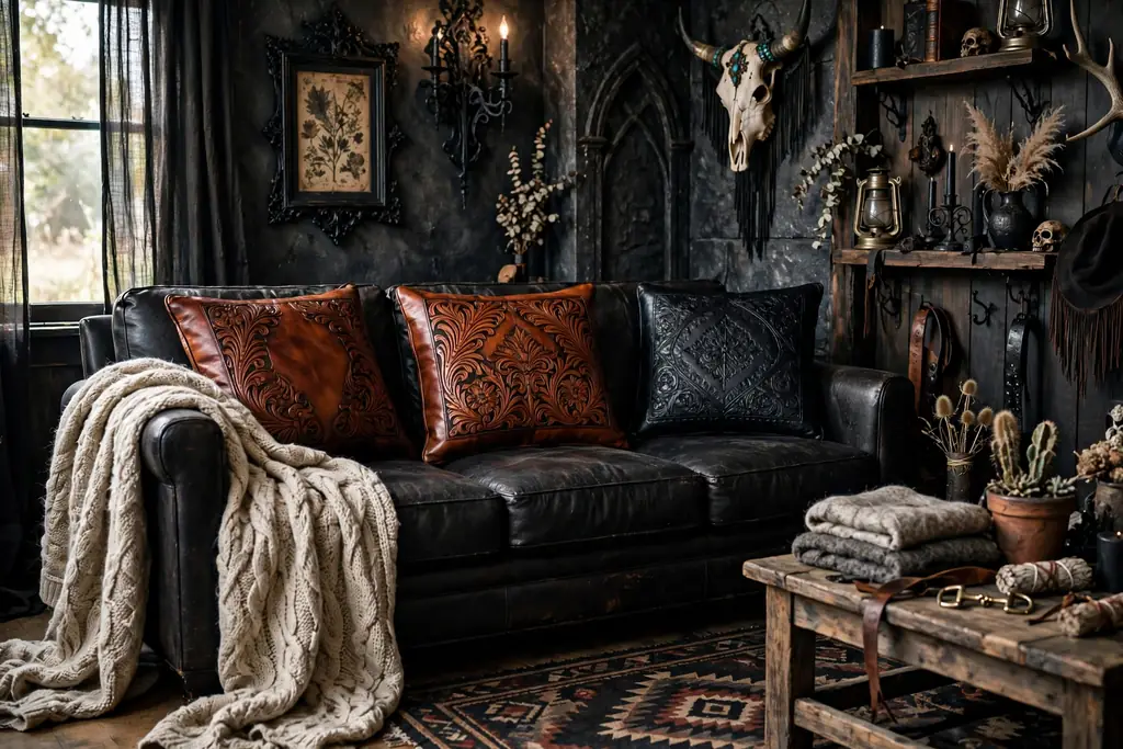 Sofa with tooled leather cushions in cognac and black beside a wool throw.