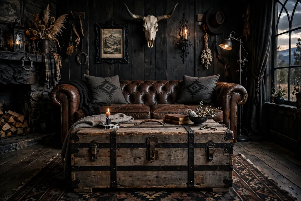 Reclaimed wood trunk coffee table with iron straps in front of a leather sofa.