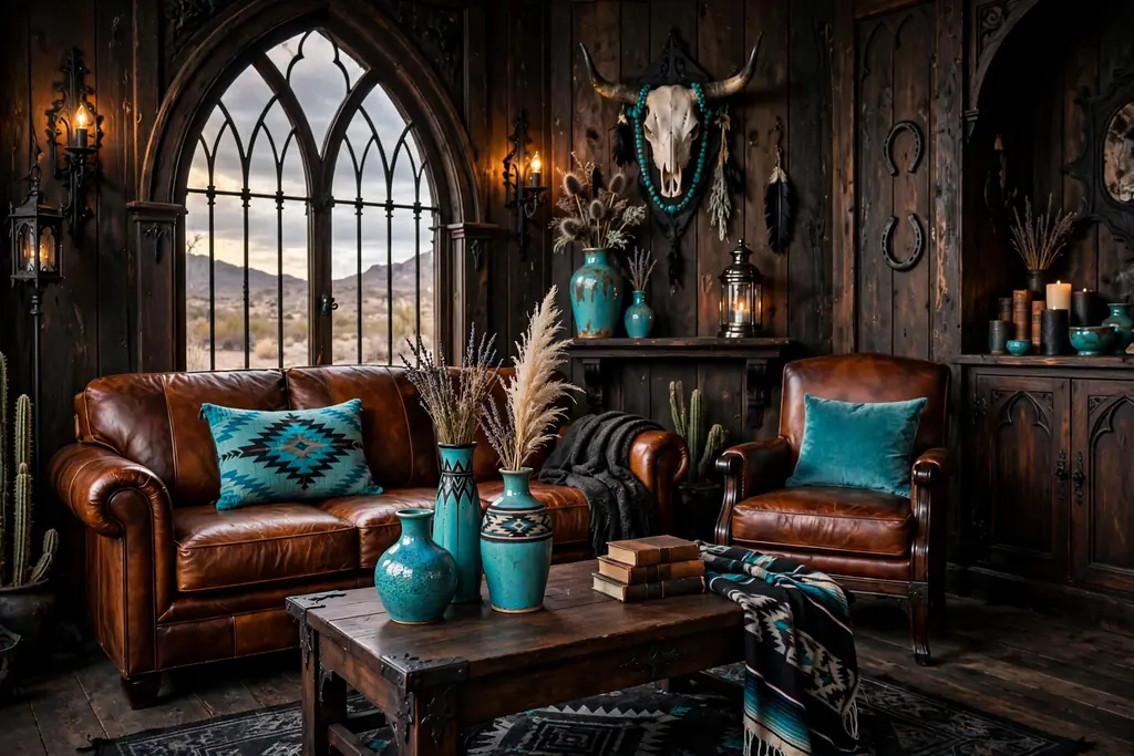 Living room with turquoise vases and a cushion accenting cognac leather and dark wood.