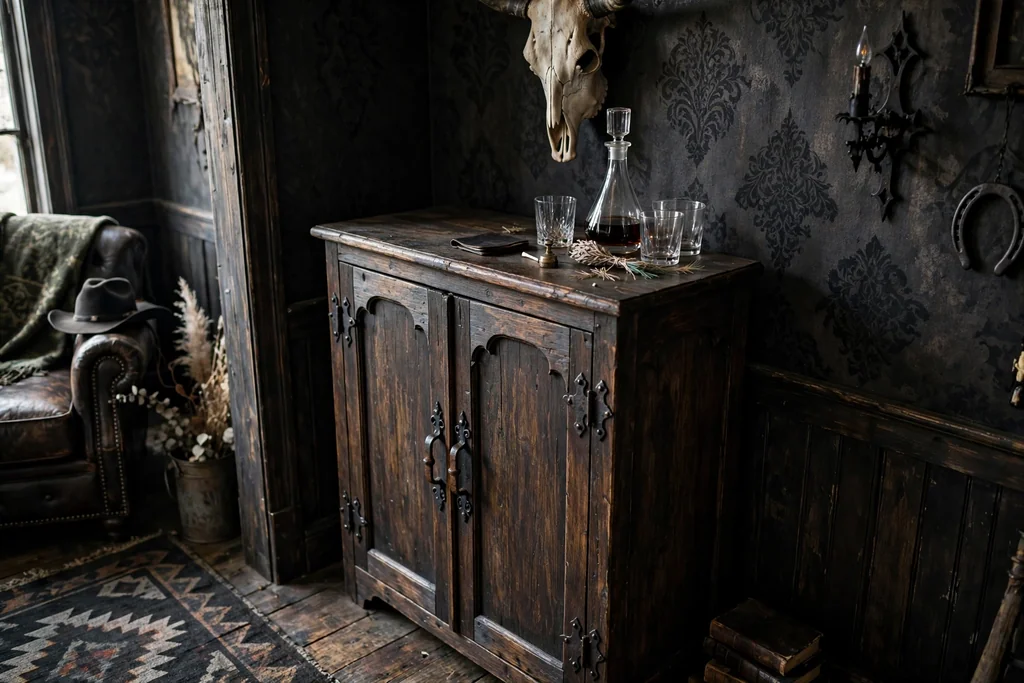 Dark wood cabinet with iron handles, glasses, and a decanter in a living room corner.
