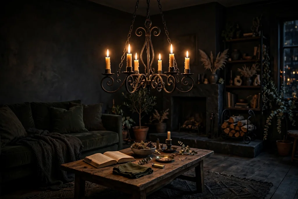 Wrought iron candle chandelier hanging over a coffee table in a moody living room.