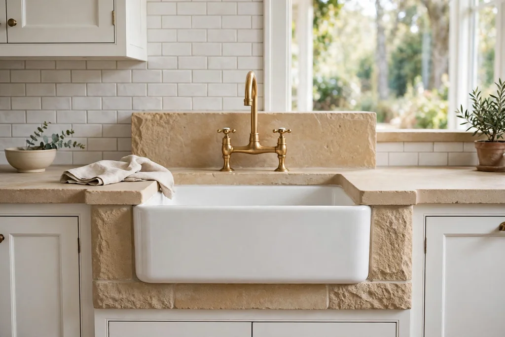 White apron-front kitchen sink set into a beige stone surround.