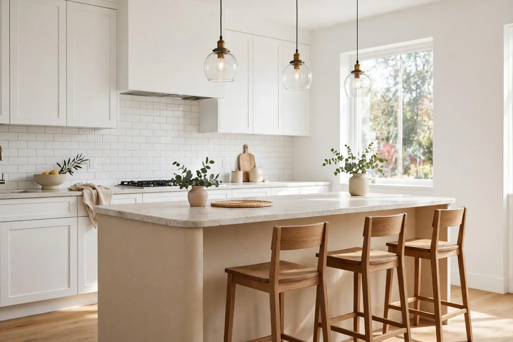 White kitchen with a warm beige island and a pale stone counter.