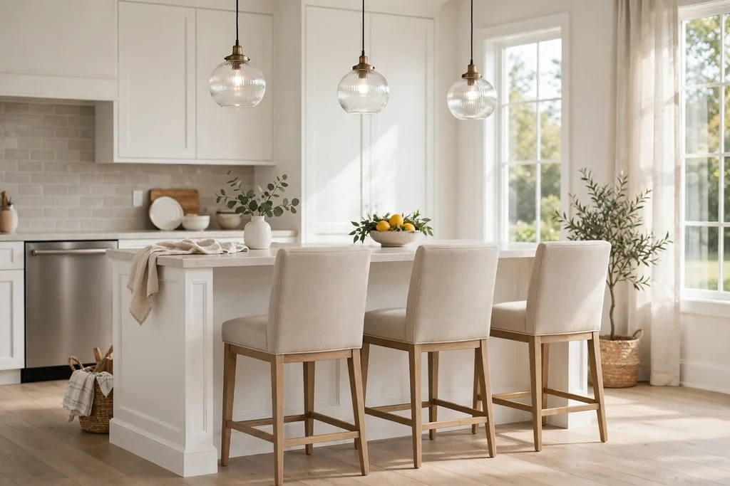 White kitchen island with beige upholstered stools and a wood frame.