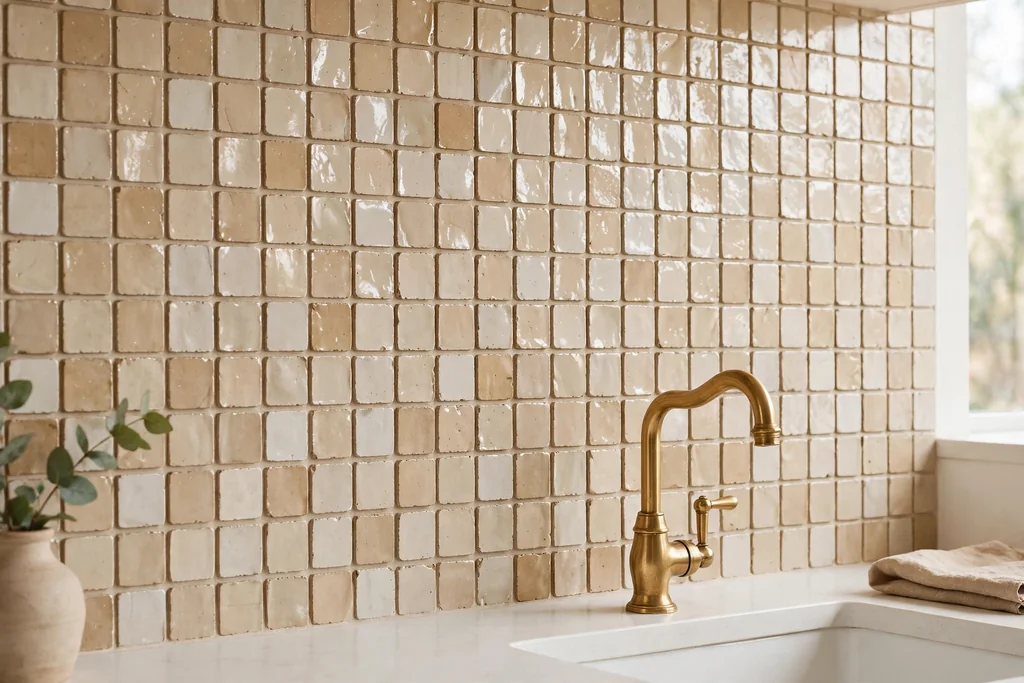 Kitchen backsplash of handmade-look beige tiles behind a white counter.