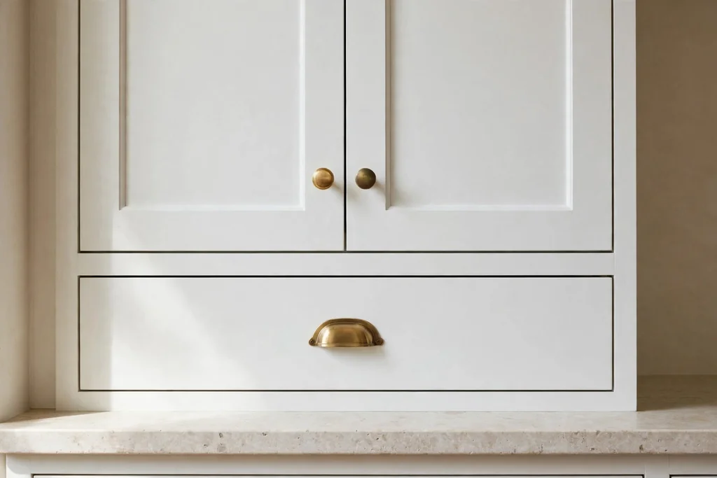 White kitchen cabinets with brass cup pulls and knobs beside beige walls.