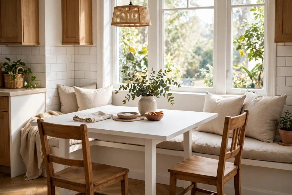 Breakfast nook with a white table, beige bench cushions, and a window.
