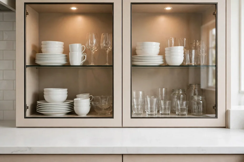 Glass-front kitchen cabinets with beige interiors holding white dishes.