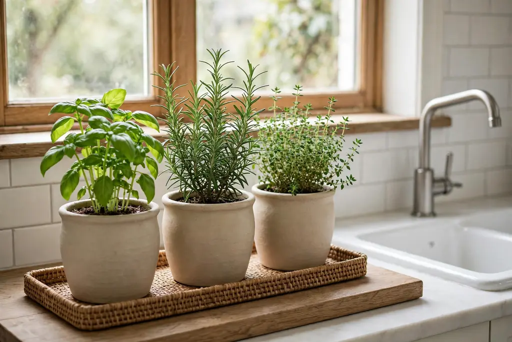 Kitchen windowsill with herbs in beige pottery pots beside a sink.