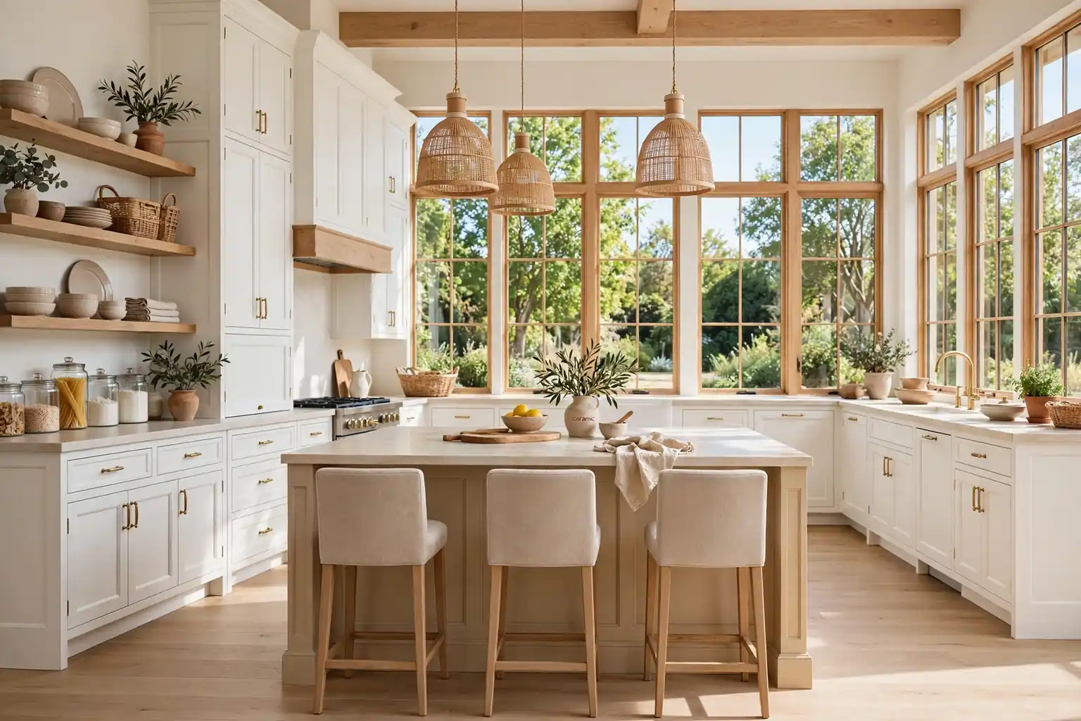 Wide white and beige kitchen with white cabinets, a beige island, wood accents, and daylight.